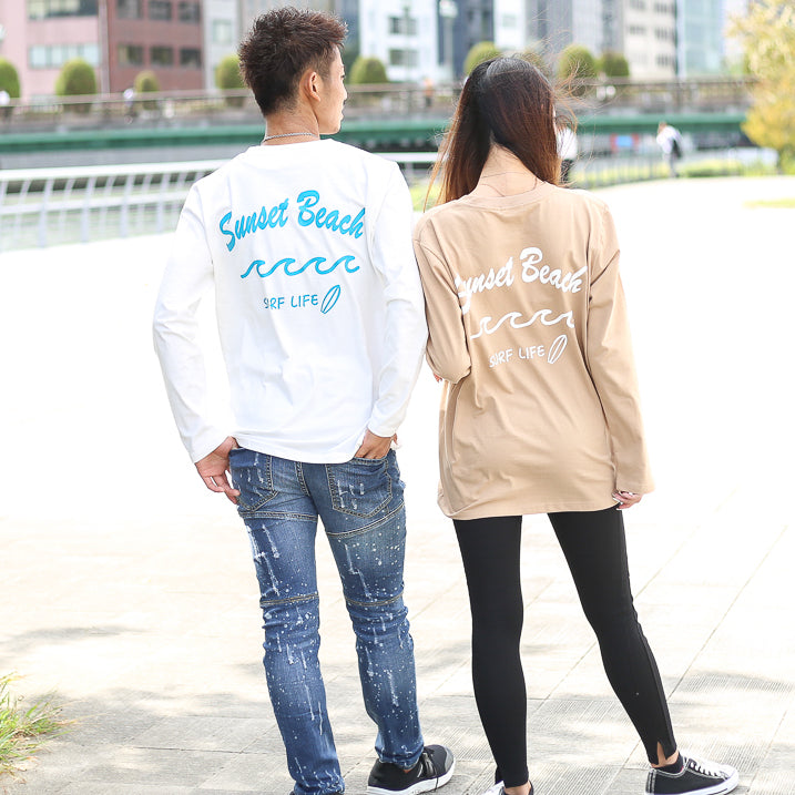 【ペアルック】Sunset Beachデザインバックプリントロングtシャツ