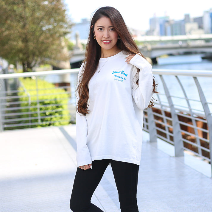 【ペアルック】Sunset Beachデザインバックプリントロングtシャツ