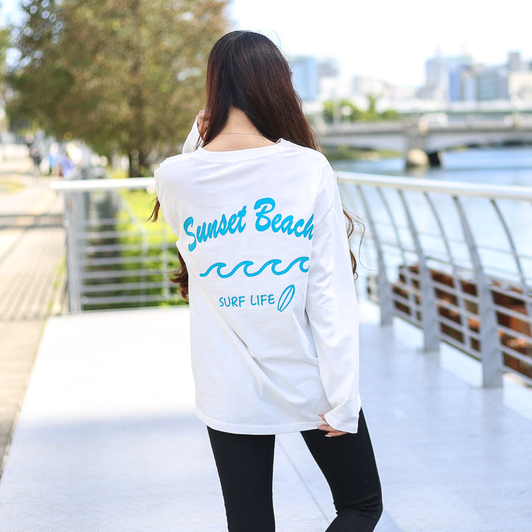 【ペアルック】Sunset Beachデザインバックプリントロングtシャツ