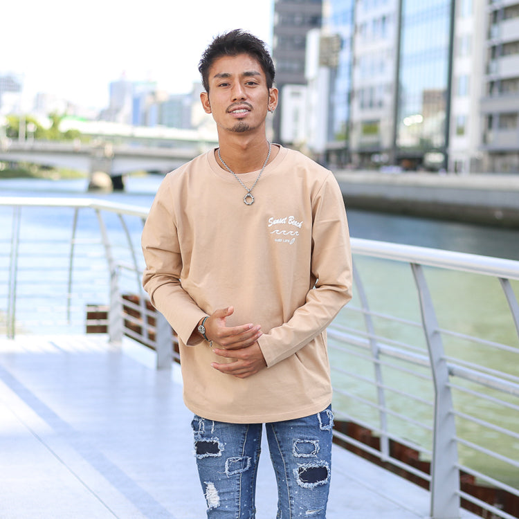 【ペアルック】Sunset Beachデザインバックプリントロングtシャツ