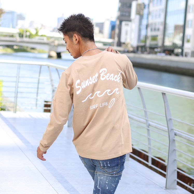 【ペアルック】Sunset Beachデザインバックプリントロングtシャツ