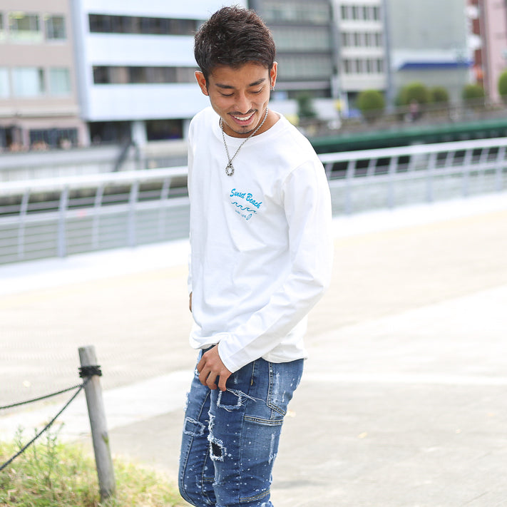 【ペアルック】Sunset Beachデザインバックプリントロングtシャツ