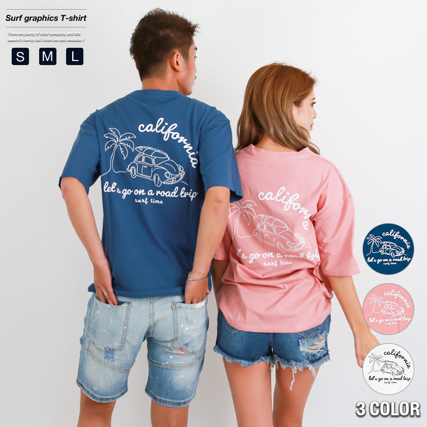 【ペアルック】サーフグラフィック半袖Tシャツ