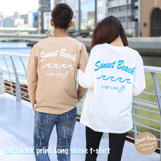 【ペアルック】Sunset Beachデザインバックプリントロングtシャツ